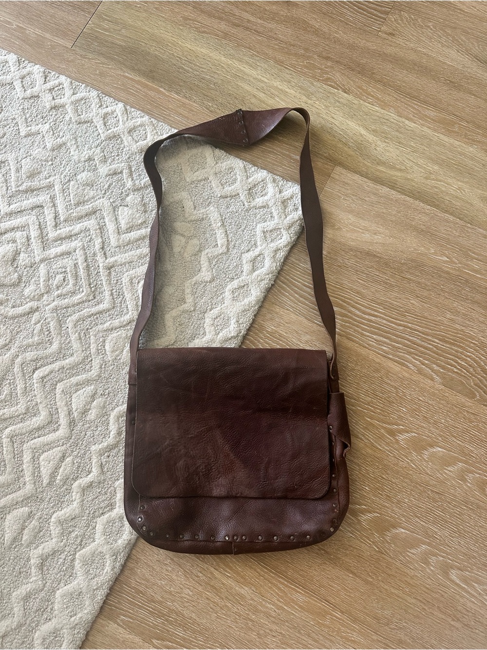 Women's Brown Leather Shoulder Bag with Stud Trim